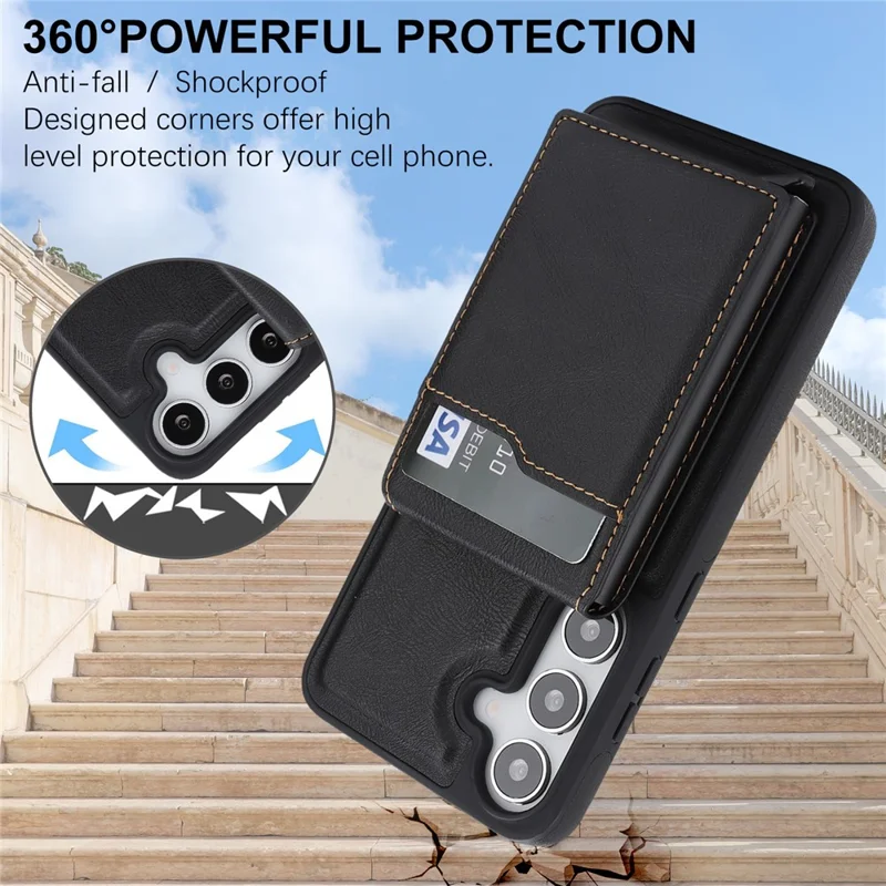 For Samsung Galaxy S26 Magnetic Cover Kickstand Leather Back Phone Shell with Detachable Pop-Up Card Case - Black