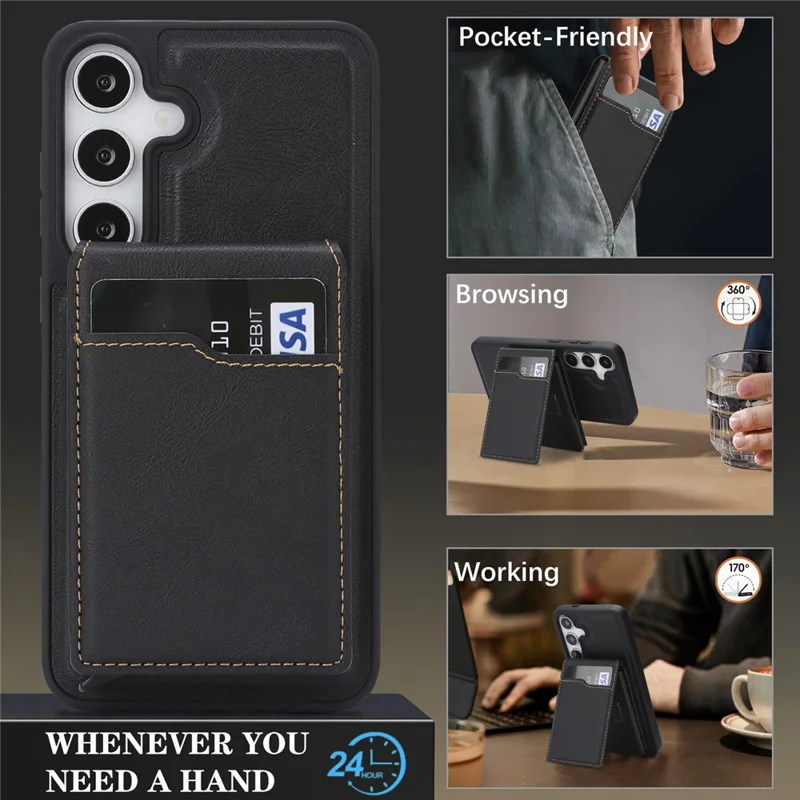 For Samsung Galaxy S26 Magnetic Cover Kickstand Leather Back Phone Shell with Detachable Pop-Up Card Case - Black