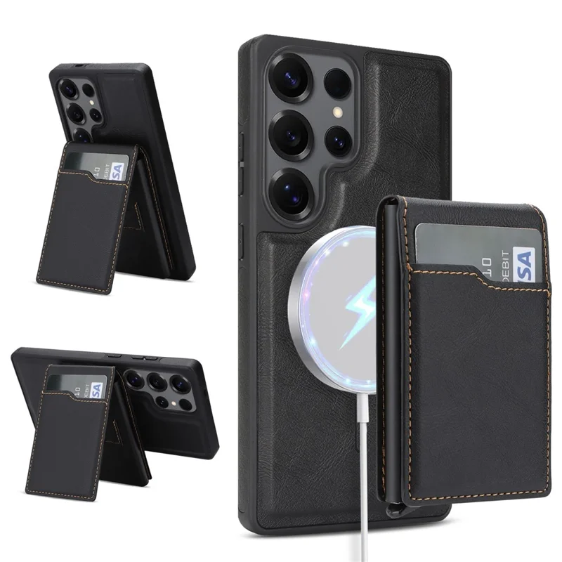 For Samsung Galaxy S25 Ultra Magnetic Cover Kickstand Leather Back Phone Shell with Detachable Pop-Up Card Case - Black