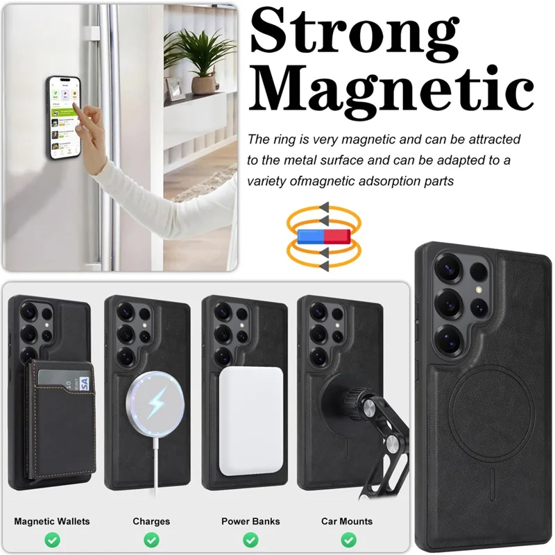 For Samsung Galaxy S25 Ultra Magnetic Cover Kickstand Leather Back Phone Shell with Detachable Pop-Up Card Case - Black