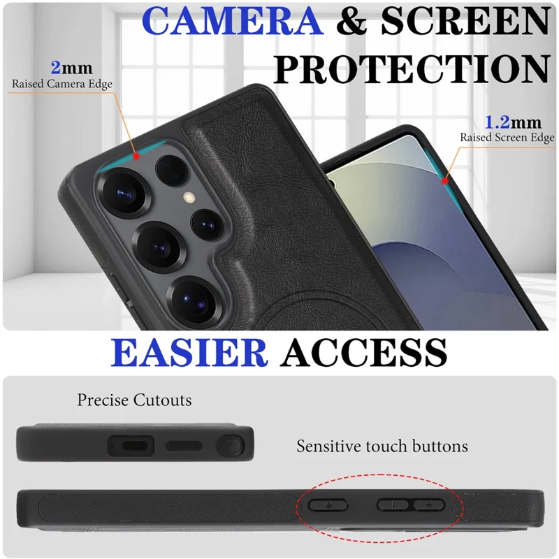 For Samsung Galaxy S25 Ultra Magnetic Cover Kickstand Leather Back Phone Shell with Detachable Pop-Up Card Case - Black