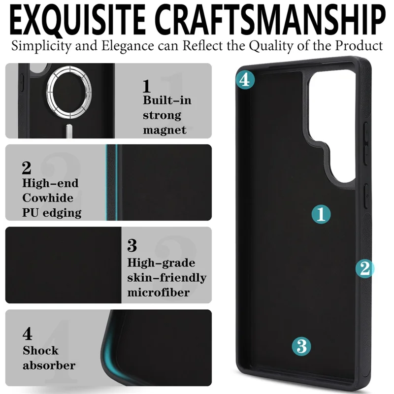 For Samsung Galaxy S25 Ultra Magnetic Cover Kickstand Leather Back Phone Shell with Detachable Pop-Up Card Case - Black