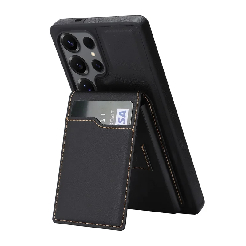 For Samsung Galaxy S25 Ultra Magnetic Cover Kickstand Leather Back Phone Shell with Detachable Pop-Up Card Case - Black