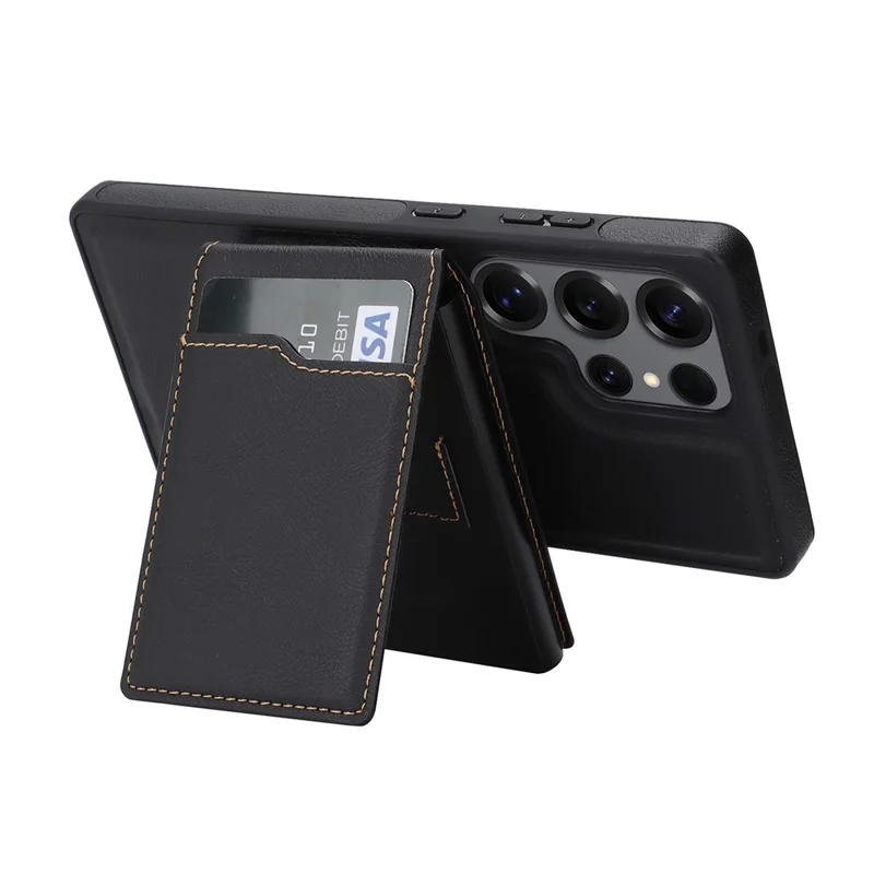 For Samsung Galaxy S25 Ultra Magnetic Cover Kickstand Leather Back Phone Shell with Detachable Pop-Up Card Case - Black