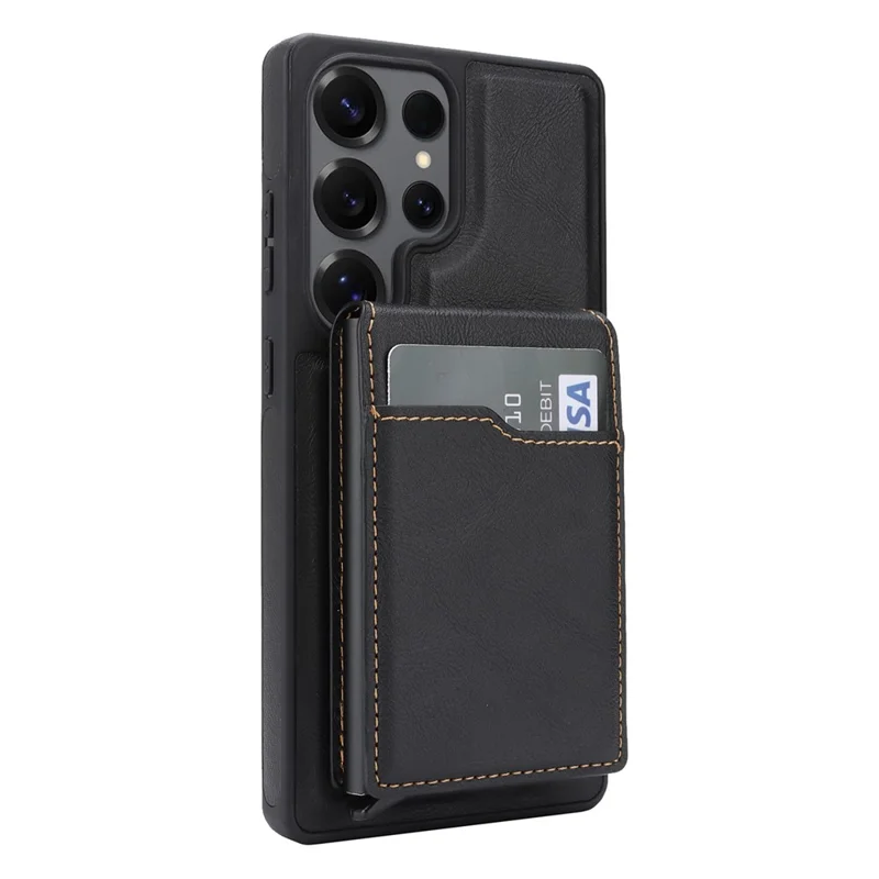 For Samsung Galaxy S25 Ultra Magnetic Cover Kickstand Leather Back Phone Shell with Detachable Pop-Up Card Case - Black