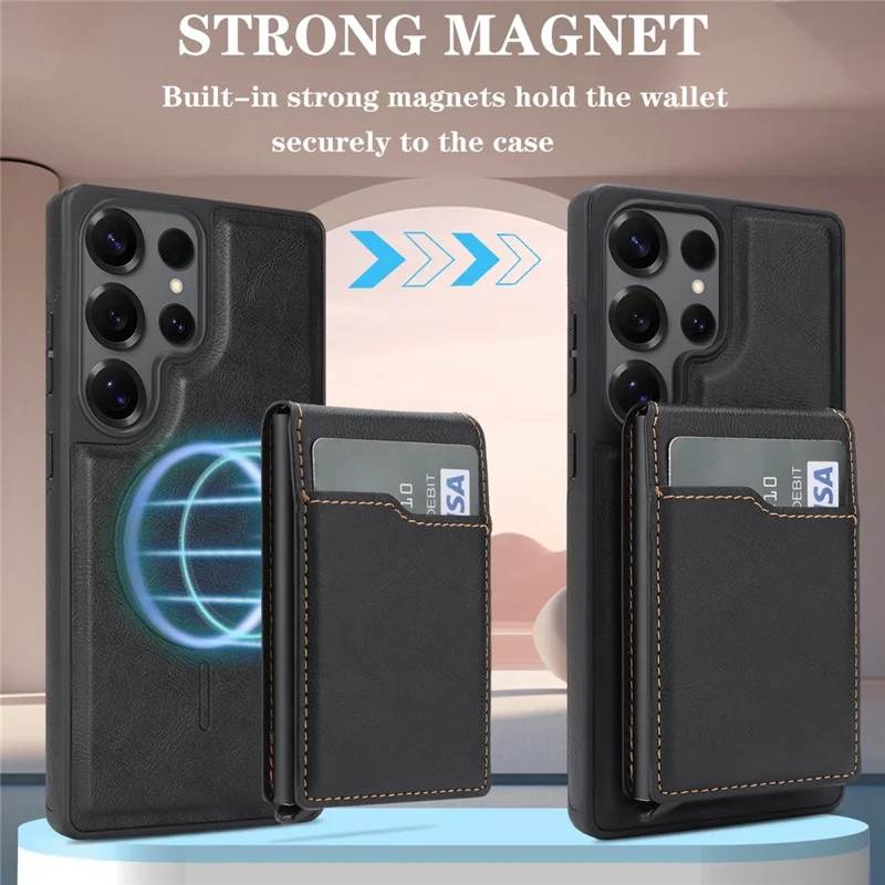 For Samsung Galaxy S25 Ultra Magnetic Cover Kickstand Leather Back Phone Shell with Detachable Pop-Up Card Case - Black