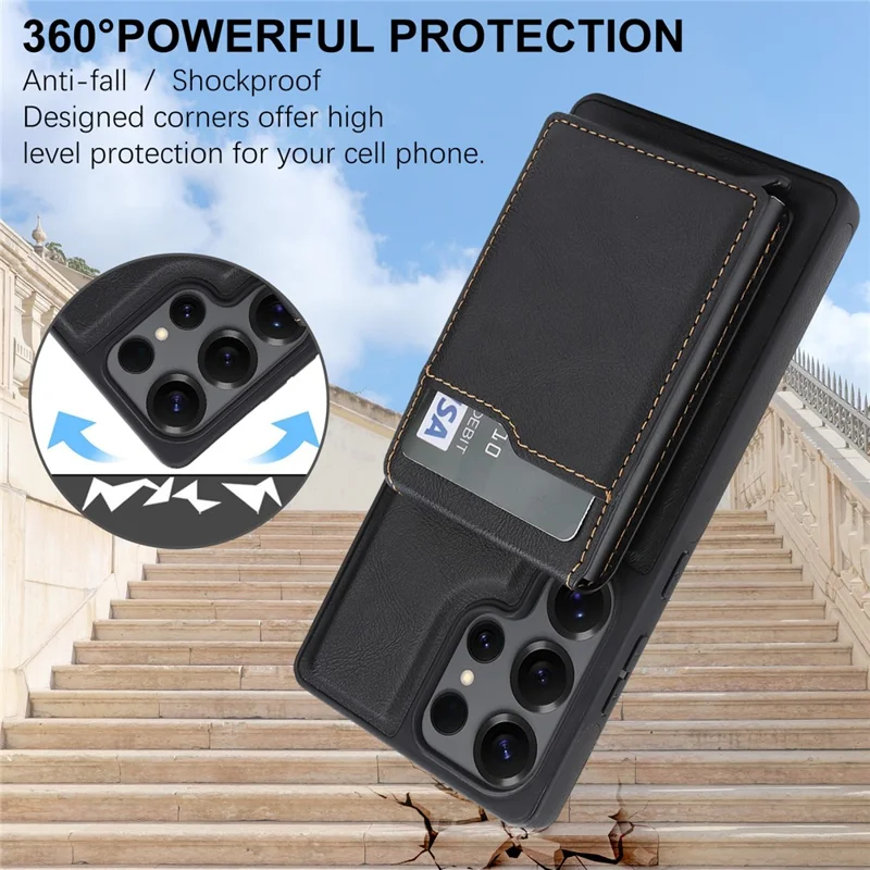 For Samsung Galaxy S25 Ultra Magnetic Cover Kickstand Leather Back Phone Shell with Detachable Pop-Up Card Case - Black