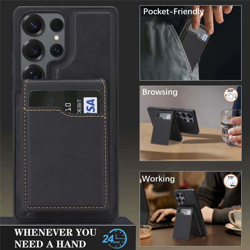 For Samsung Galaxy S25 Ultra Magnetic Cover Kickstand Leather Back Phone Shell with Detachable Pop-Up Card Case - Black