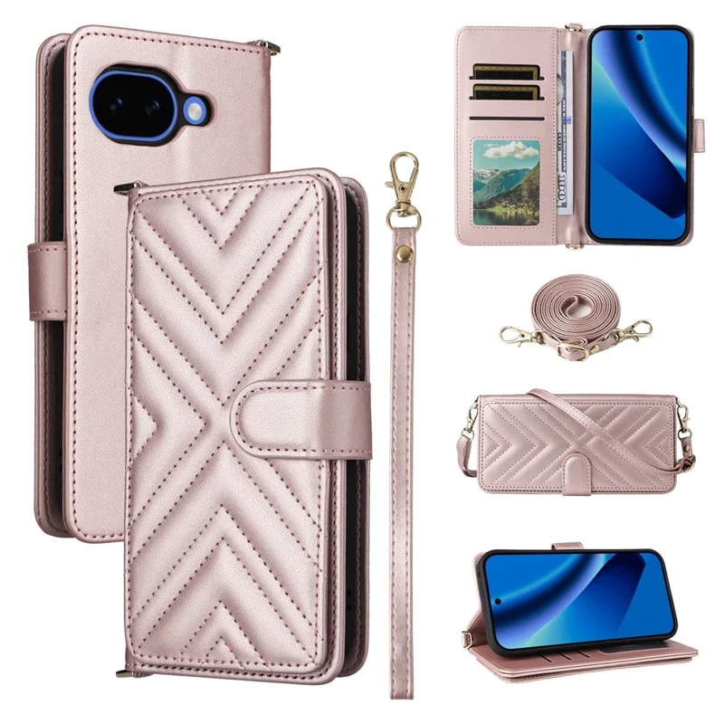 For Google Pixel 10a Leather Case Stand Wallet Phone Cover with Shoulder  /  Wrist Strap - Pink
