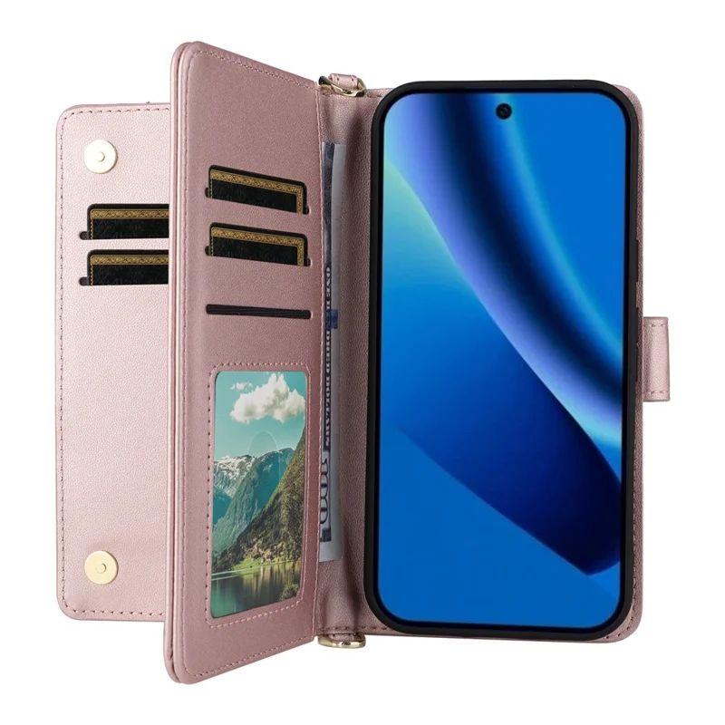 For Google Pixel 10a Leather Case Stand Wallet Phone Cover with Shoulder  /  Wrist Strap - Pink
