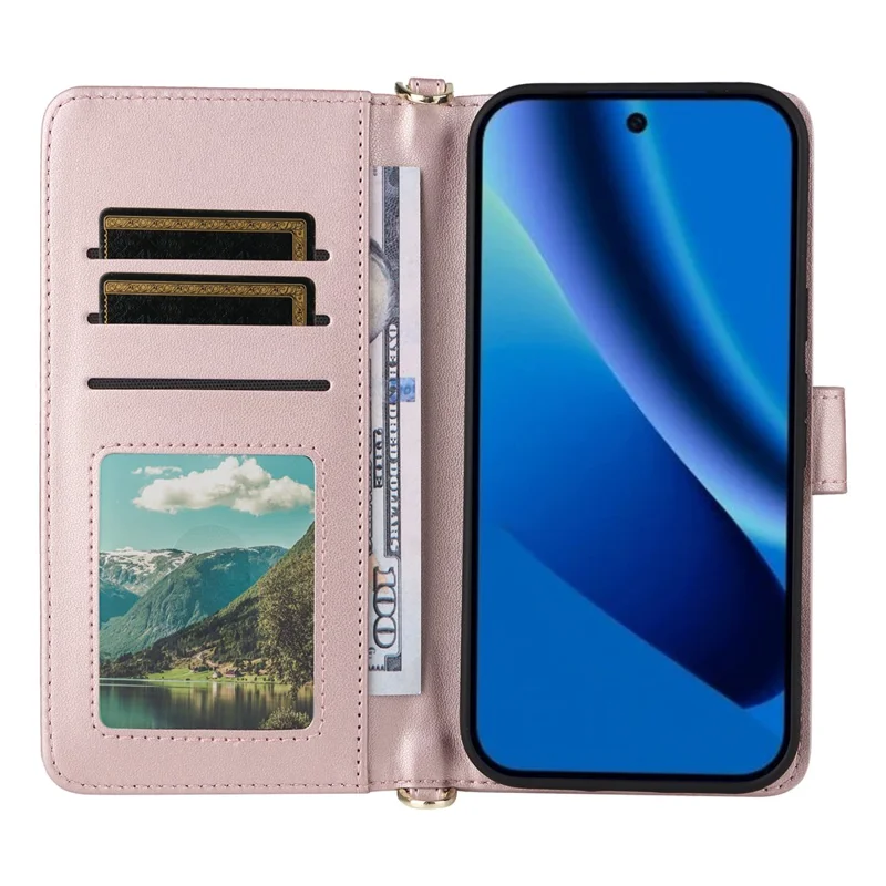 For Google Pixel 10a Leather Case Stand Wallet Phone Cover with Shoulder  /  Wrist Strap - Pink