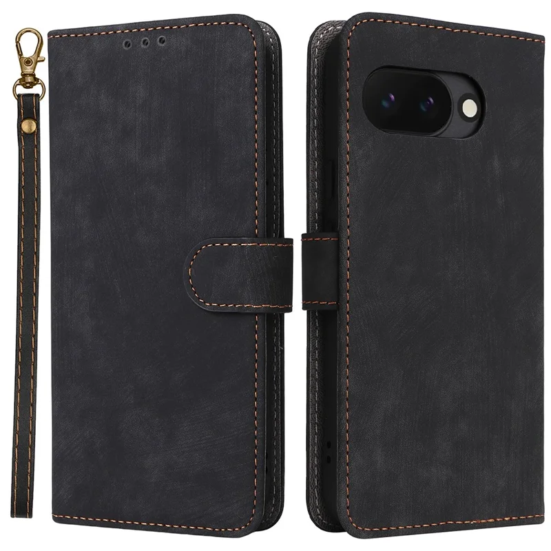 Phone Case For Google Pixel 10a Wallet RFID Blocking PU Leather Phone Cover Stand with Strap - Black
