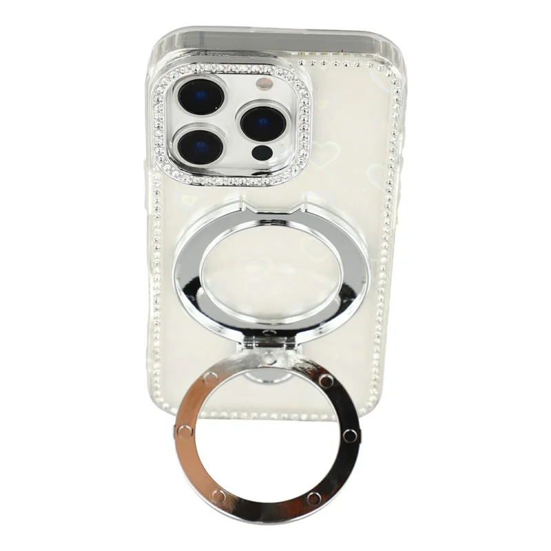 For iPhone 16 Pro Case Kickstand Rhinestone Edge Glitter Back TPU + PC IMD Phone Cover - Heart Transparent