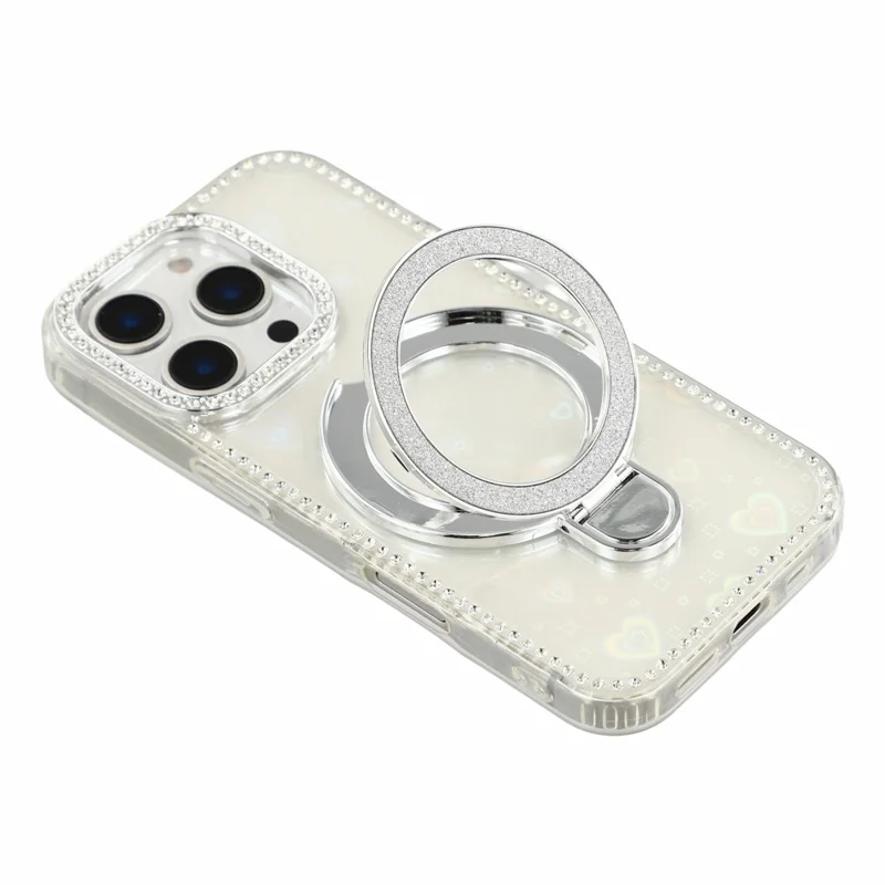For iPhone 16 Pro Case Kickstand Rhinestone Edge Glitter Back TPU + PC IMD Phone Cover - Heart Transparent
