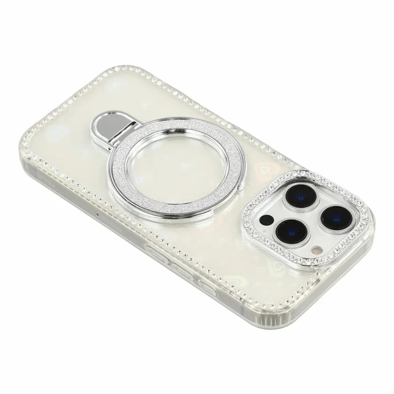 For iPhone 16 Pro Case Kickstand Rhinestone Edge Glitter Back TPU + PC IMD Phone Cover - Heart Transparent
