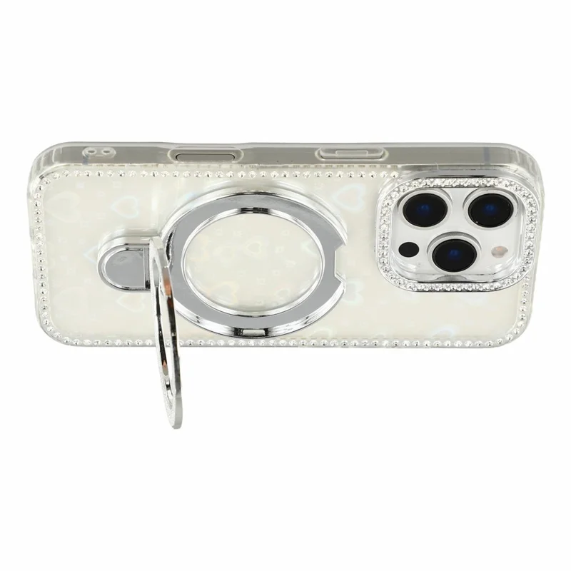 For iPhone 16 Pro Max Case Kickstand Rhinestone Edge Glitter Back TPU + PC IMD Phone Cover - Heart Transparent