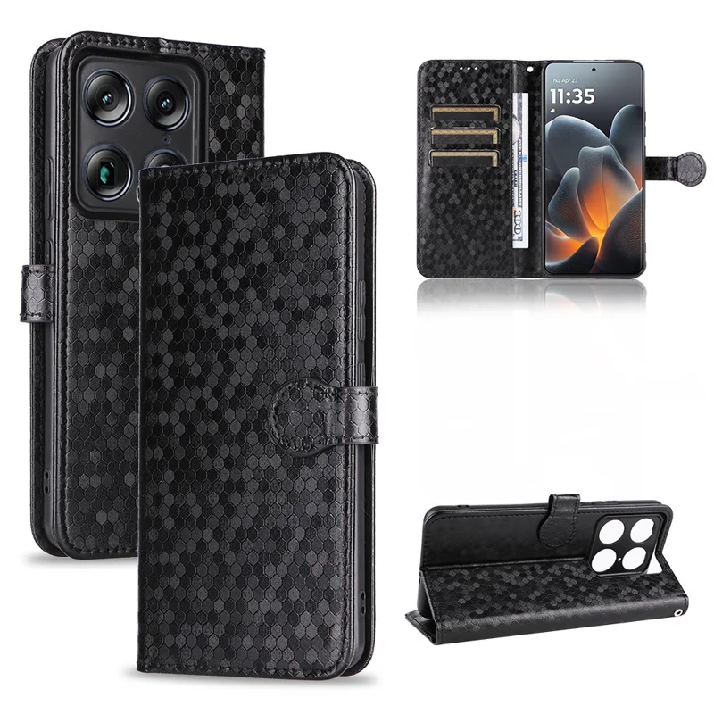 For Motorola Moto X70 Air Pro 5G Wallet Case Dot Pattern Imprint PU Leather Phone Cover with Wrist Strap - Black