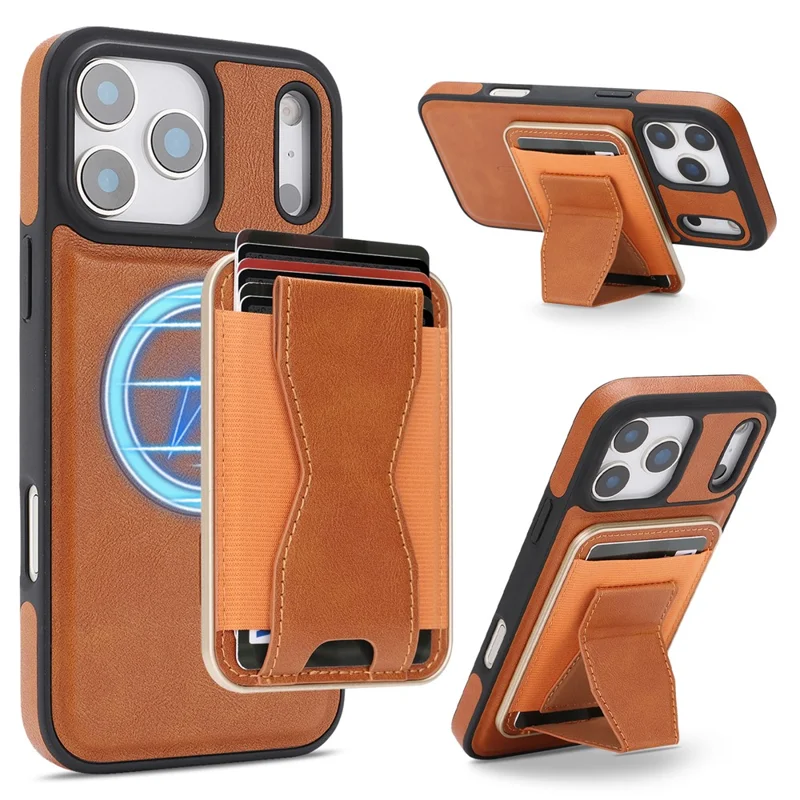 For iPhone 17 Pro Max Magnetic Case with Detachable Card Holder Kickstand TPU + PU Back Cover Compatible with MagSafe - Brown