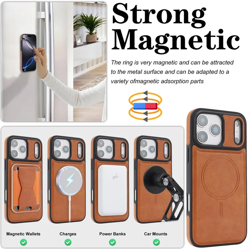 For iPhone 17 Pro Max Magnetic Case with Detachable Card Holder Kickstand TPU + PU Back Cover Compatible with MagSafe - Brown