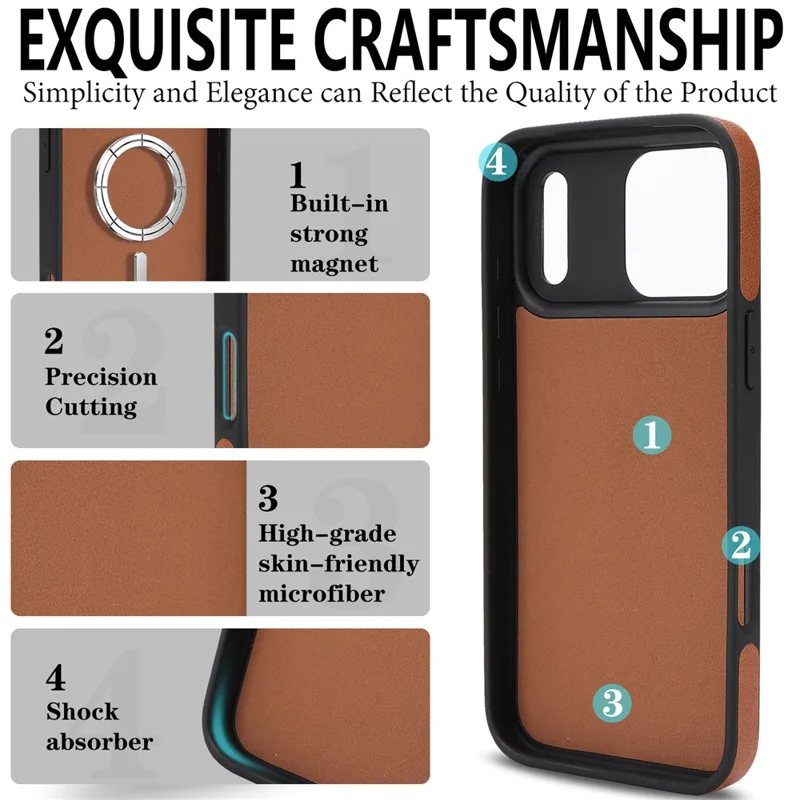 For iPhone 17 Pro Max Magnetic Case with Detachable Card Holder Kickstand TPU + PU Back Cover Compatible with MagSafe - Brown