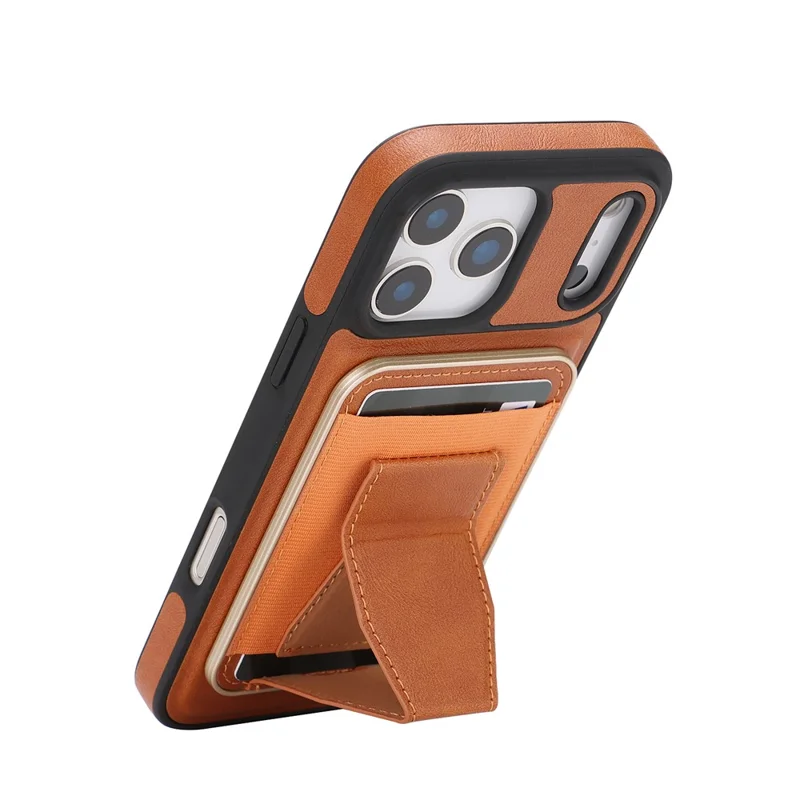 For iPhone 17 Pro Max Magnetic Case with Detachable Card Holder Kickstand TPU + PU Back Cover Compatible with MagSafe - Brown