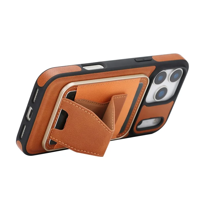 For iPhone 17 Pro Max Magnetic Case with Detachable Card Holder Kickstand TPU + PU Back Cover Compatible with MagSafe - Brown