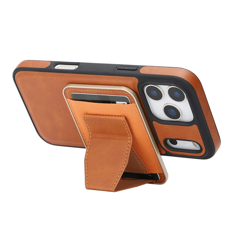 For iPhone 17 Pro Max Magnetic Case with Detachable Card Holder Kickstand TPU + PU Back Cover Compatible with MagSafe - Brown