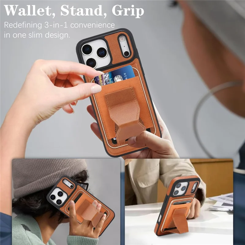 For iPhone 17 Pro Max Magnetic Case with Detachable Card Holder Kickstand TPU + PU Back Cover Compatible with MagSafe - Brown