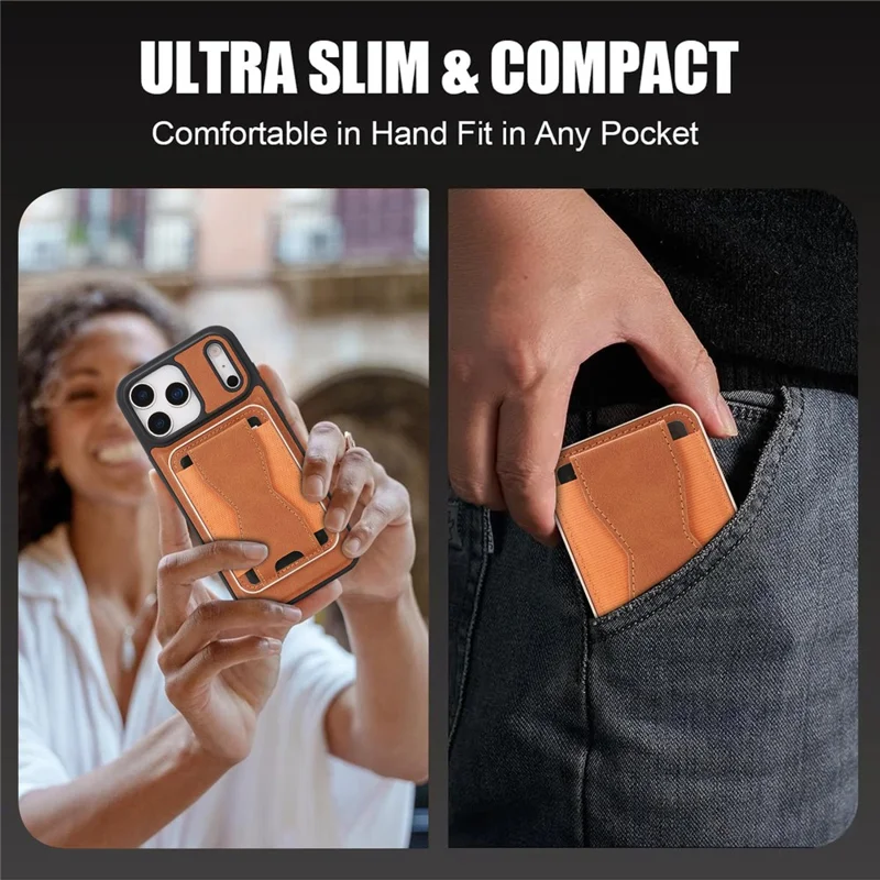 For iPhone 17 Pro Max Magnetic Case with Detachable Card Holder Kickstand TPU + PU Back Cover Compatible with MagSafe - Brown