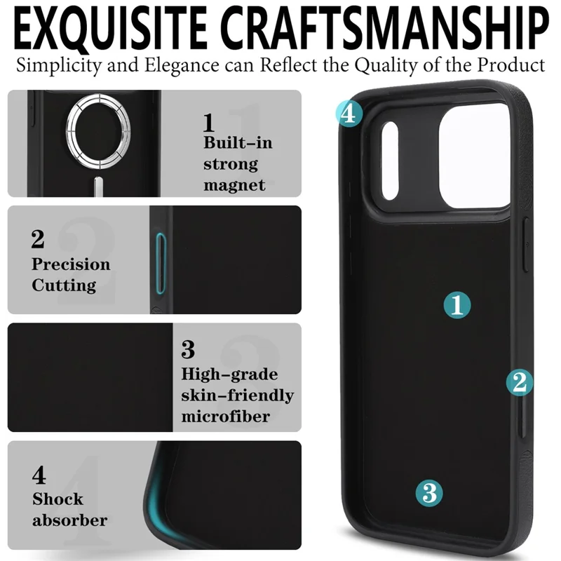 For iPhone 17 Pro Magnetic Case with Detachable Card Holder Kickstand TPU + PU Back Cover Compatible with MagSafe - Black