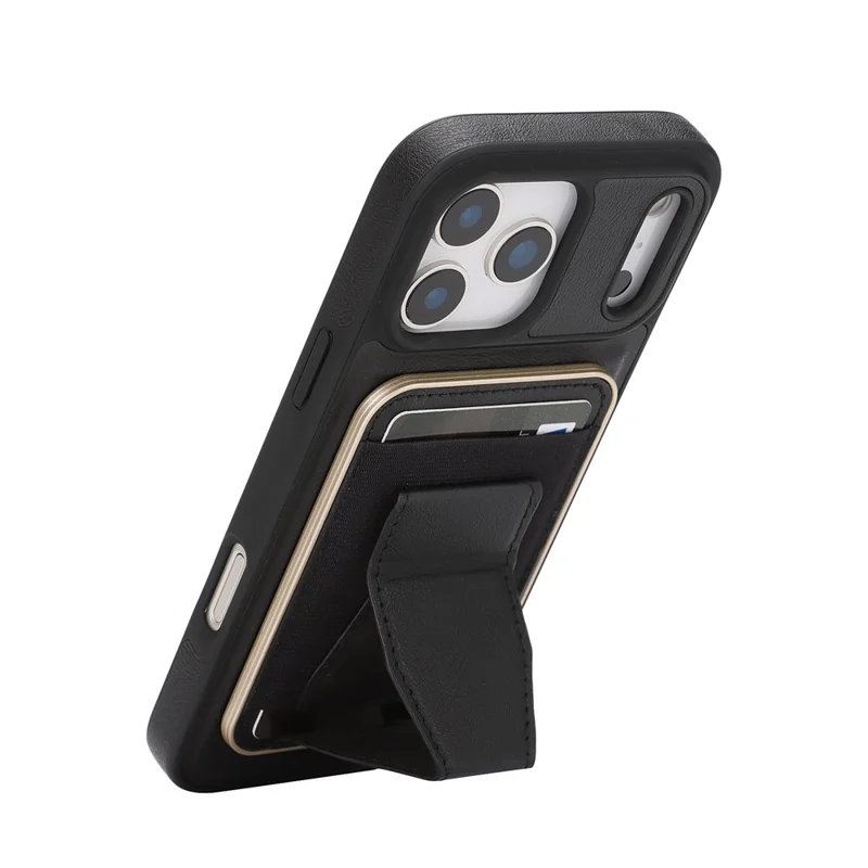 For iPhone 17 Pro Magnetic Case with Detachable Card Holder Kickstand TPU + PU Back Cover Compatible with MagSafe - Black