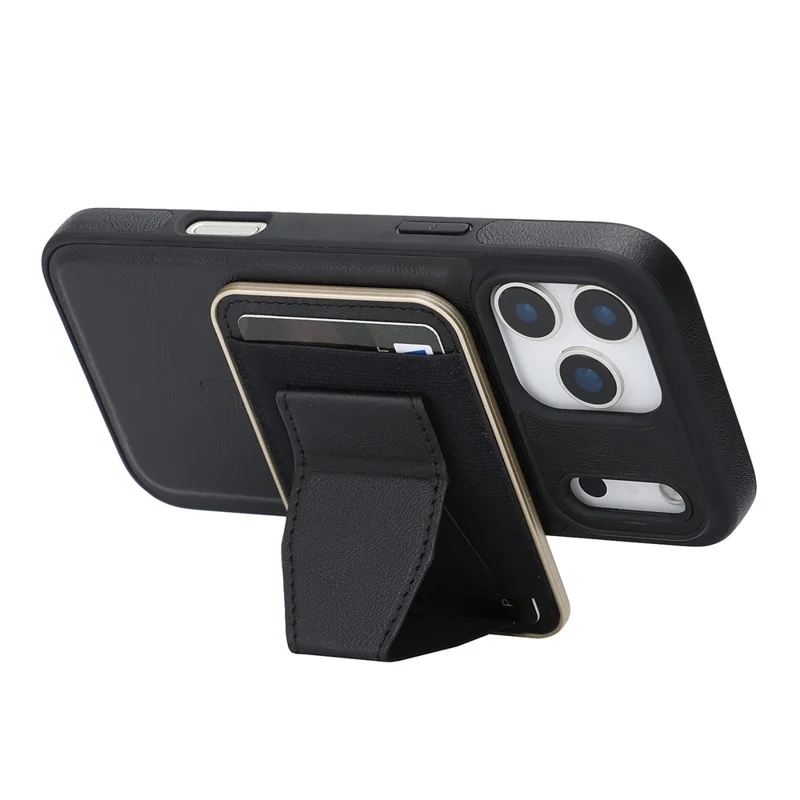 For iPhone 17 Pro Magnetic Case with Detachable Card Holder Kickstand TPU + PU Back Cover Compatible with MagSafe - Black