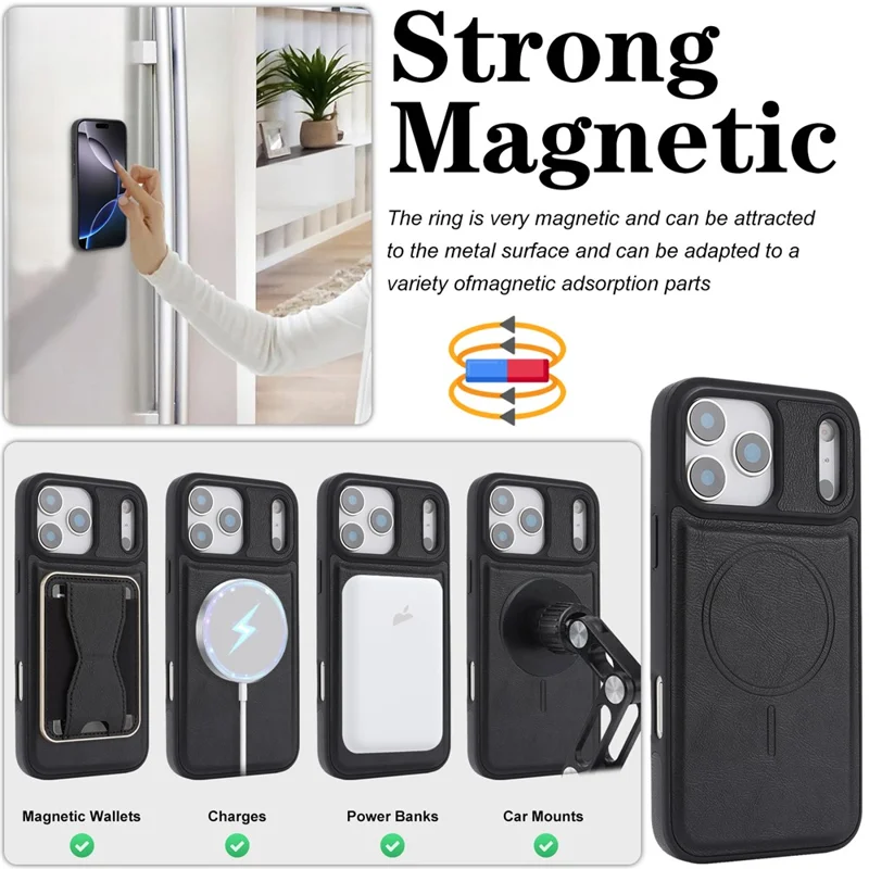 For iPhone 17 Pro Magnetic Case with Detachable Card Holder Kickstand TPU + PU Back Cover Compatible with MagSafe - Black