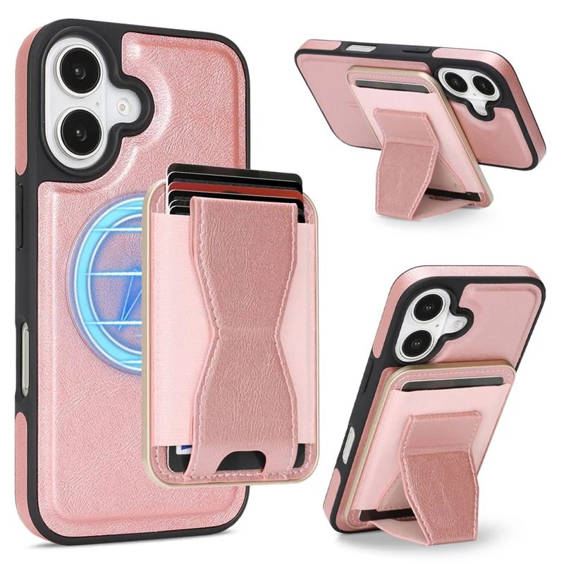 For iPhone 17 Magnetic Case with Detachable Card Holder Kickstand TPU + PU Back Cover Compatible with MagSafe - Pink