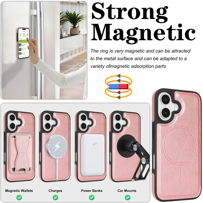 For iPhone 17 Magnetic Case with Detachable Card Holder Kickstand TPU + PU Back Cover Compatible with MagSafe - Pink