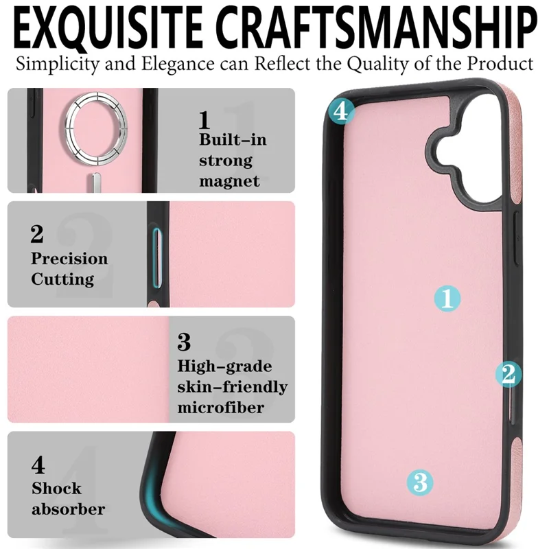 For iPhone 17 Magnetic Case with Detachable Card Holder Kickstand TPU + PU Back Cover Compatible with MagSafe - Pink