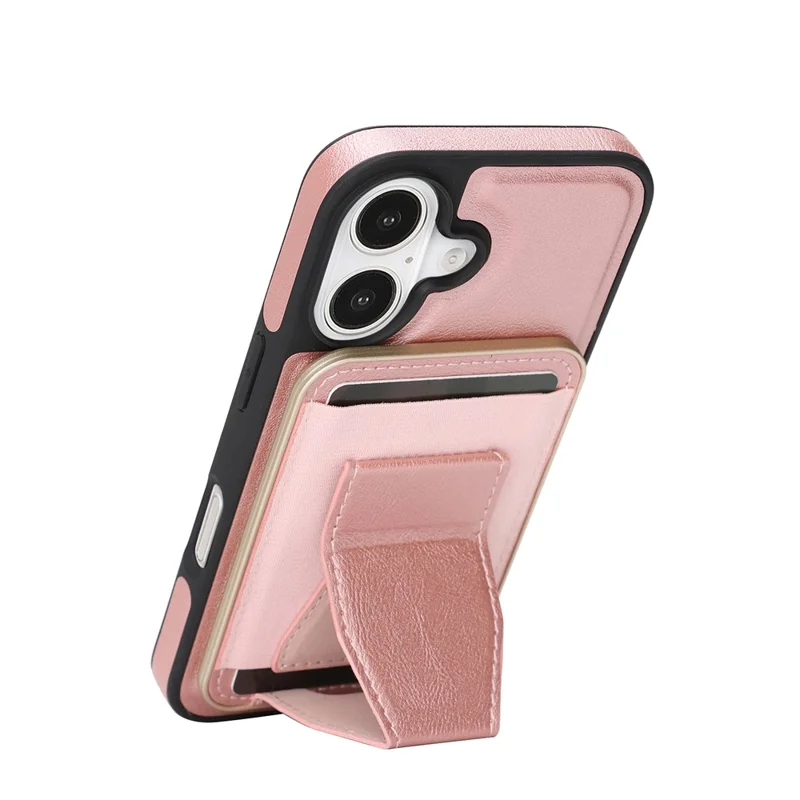 For iPhone 17 Magnetic Case with Detachable Card Holder Kickstand TPU + PU Back Cover Compatible with MagSafe - Pink