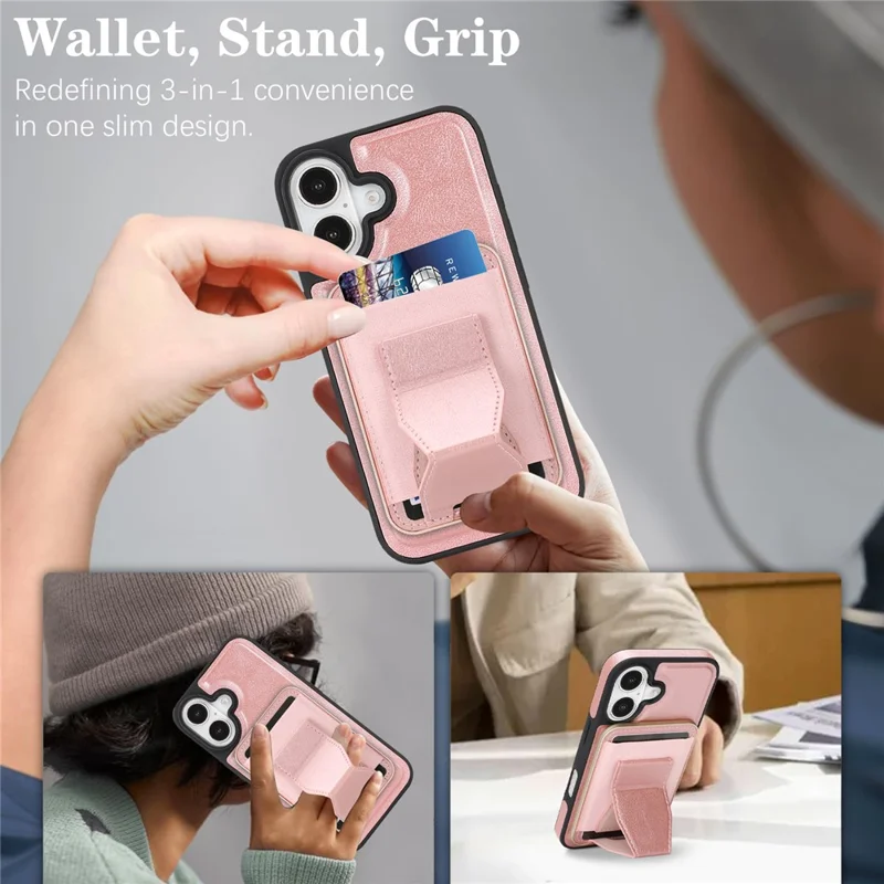 For iPhone 17 Magnetic Case with Detachable Card Holder Kickstand TPU + PU Back Cover Compatible with MagSafe - Pink