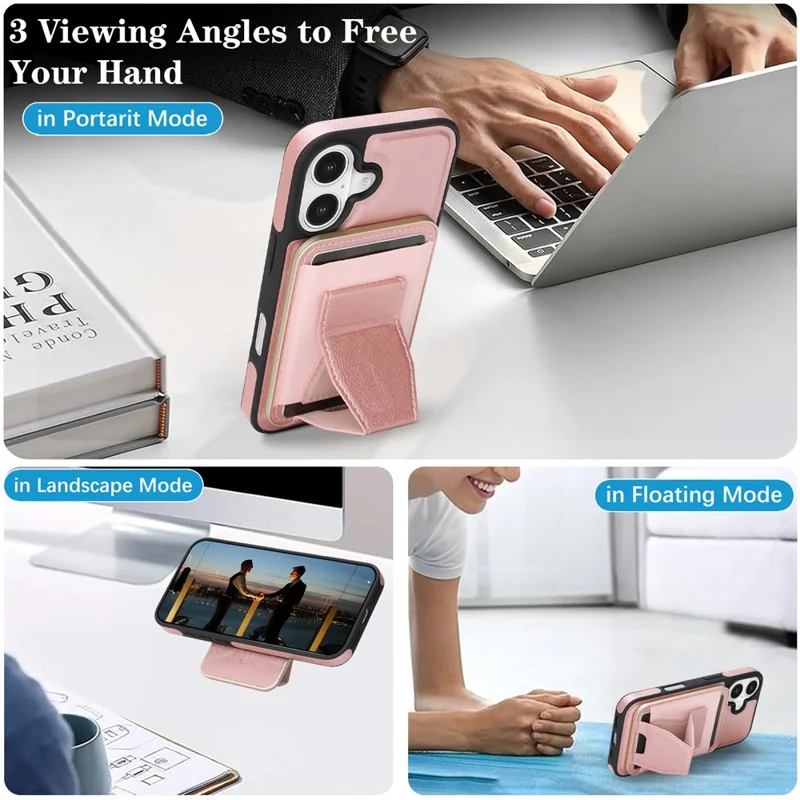 For iPhone 17 Magnetic Case with Detachable Card Holder Kickstand TPU + PU Back Cover Compatible with MagSafe - Pink