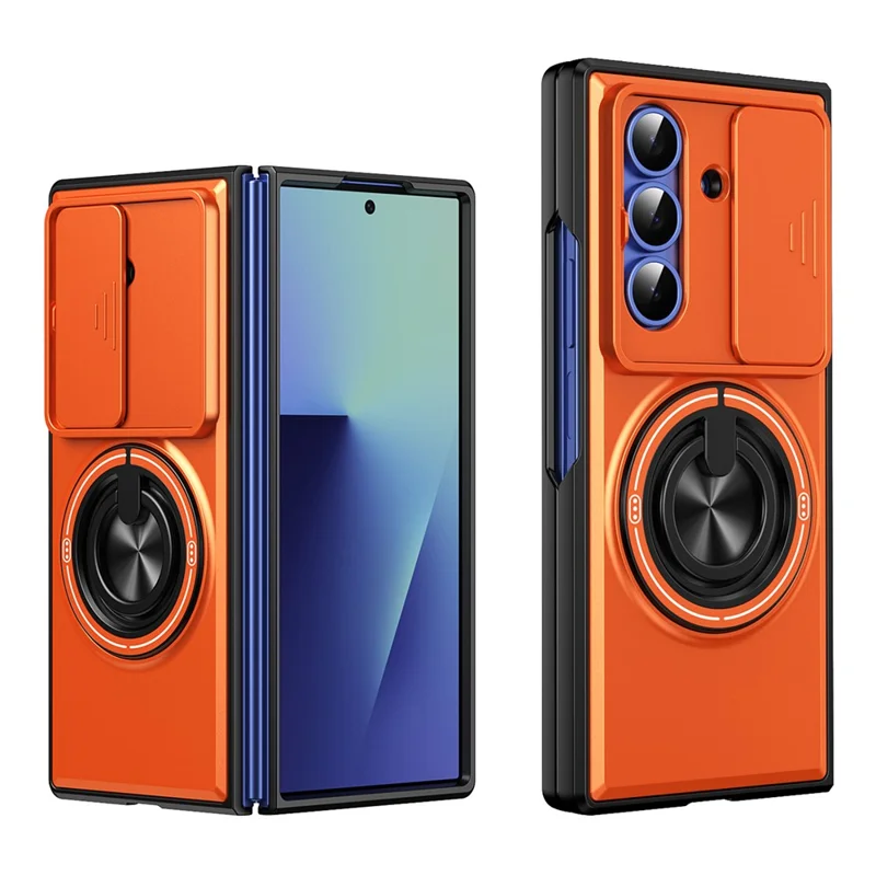 For Samsung Galaxy Z Fold7 5G Magnetic Case Ring Holder Foldable Kickstand PC Phone Cover with Camera Lens Slider - Orange