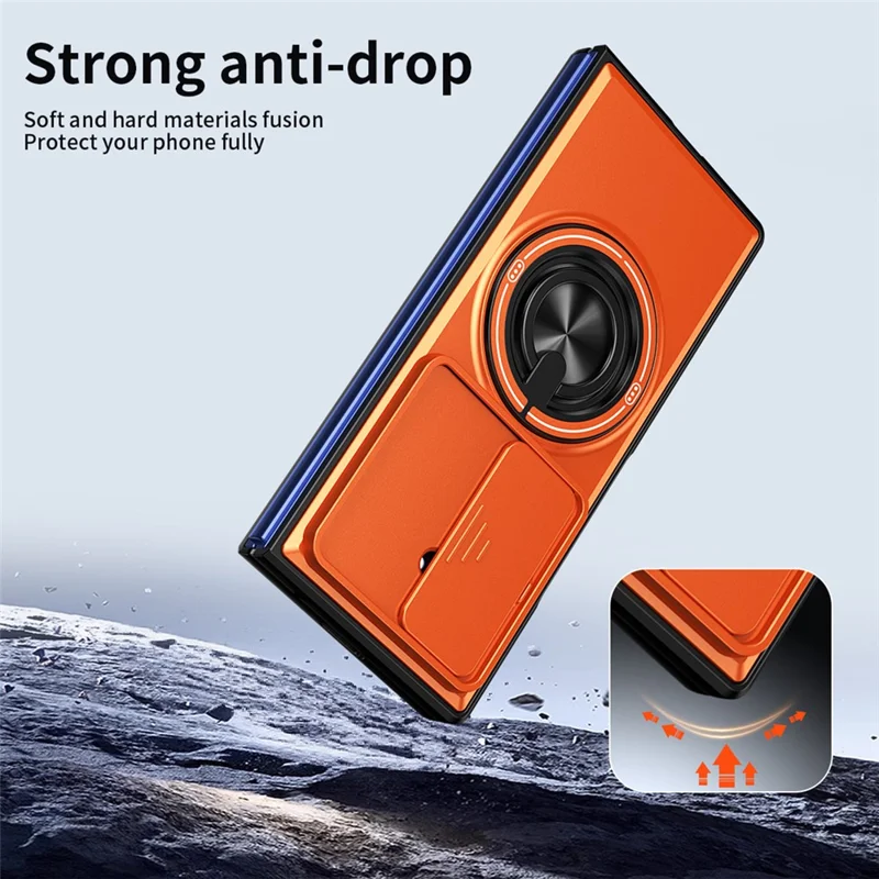 For Samsung Galaxy Z Fold7 5G Magnetic Case Ring Holder Foldable Kickstand PC Phone Cover with Camera Lens Slider - Orange