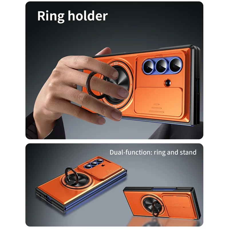 For Samsung Galaxy Z Fold7 5G Magnetic Case Ring Holder Foldable Kickstand PC Phone Cover with Camera Lens Slider - Orange
