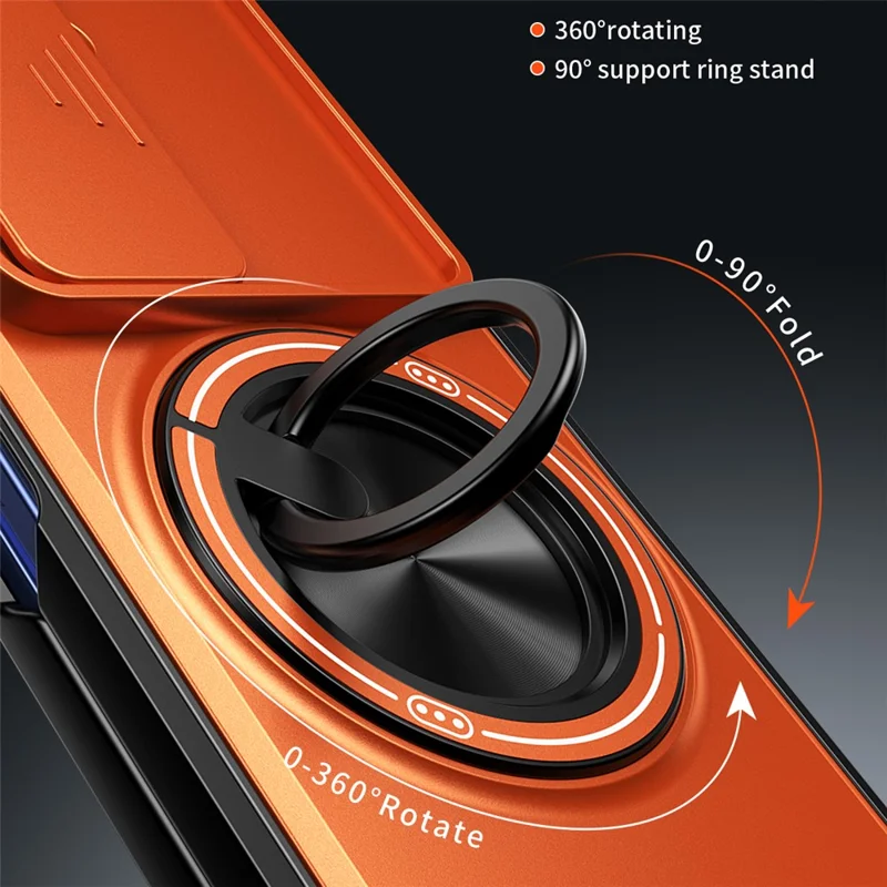 For Samsung Galaxy Z Fold7 5G Magnetic Case Ring Holder Foldable Kickstand PC Phone Cover with Camera Lens Slider - Orange