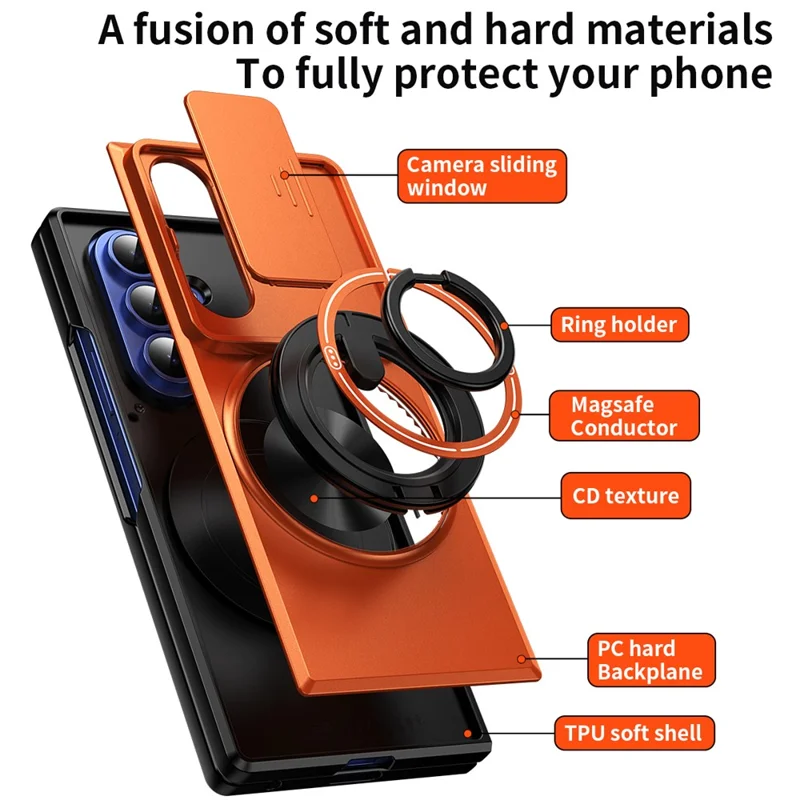 For Samsung Galaxy Z Fold7 5G Magnetic Case Ring Holder Foldable Kickstand PC Phone Cover with Camera Lens Slider - Orange
