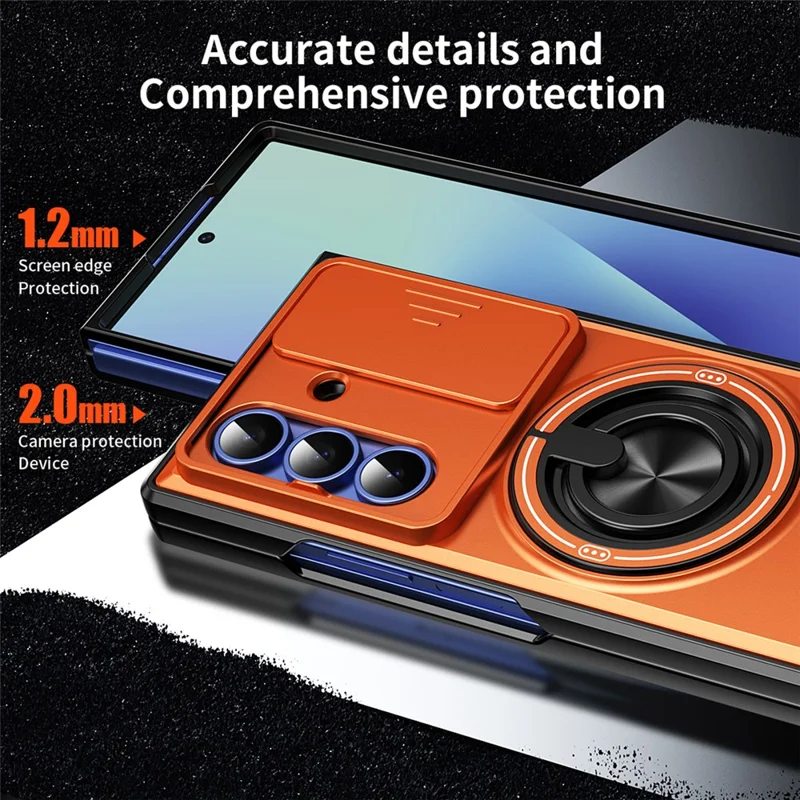 For Samsung Galaxy Z Fold7 5G Magnetic Case Ring Holder Foldable Kickstand PC Phone Cover with Camera Lens Slider - Orange