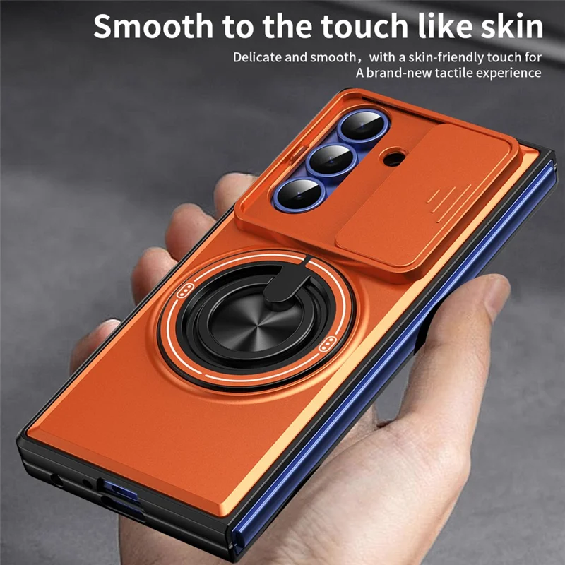 For Samsung Galaxy Z Fold7 5G Magnetic Case Ring Holder Foldable Kickstand PC Phone Cover with Camera Lens Slider - Orange