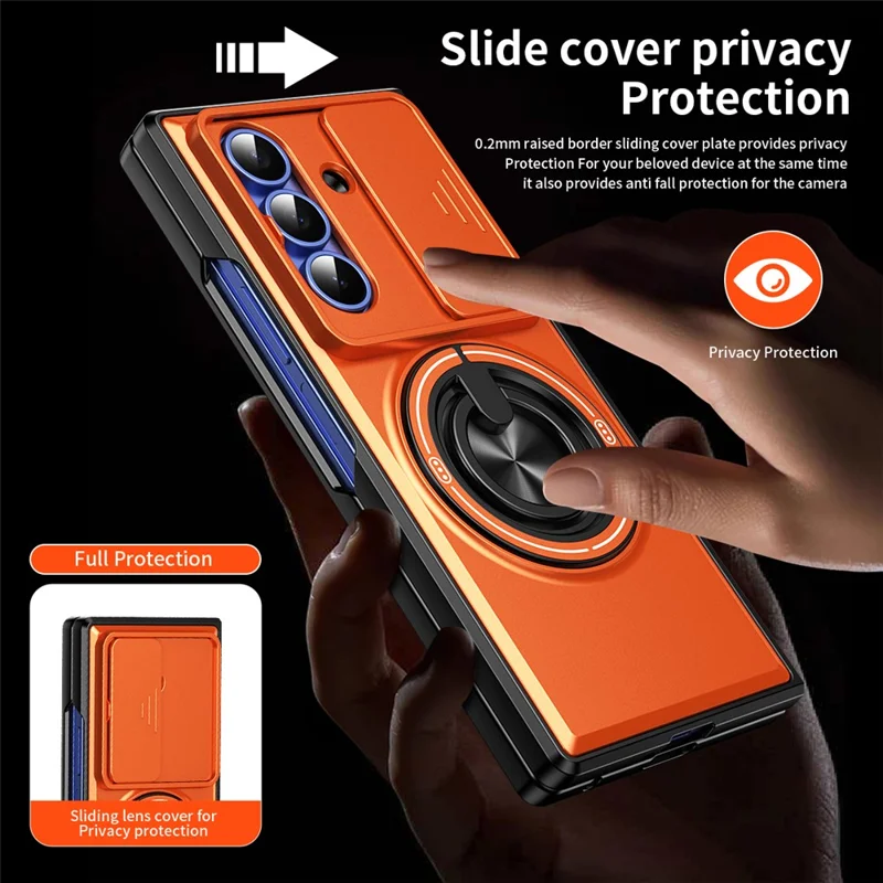 For Samsung Galaxy Z Fold7 5G Magnetic Case Ring Holder Foldable Kickstand PC Phone Cover with Camera Lens Slider - Orange