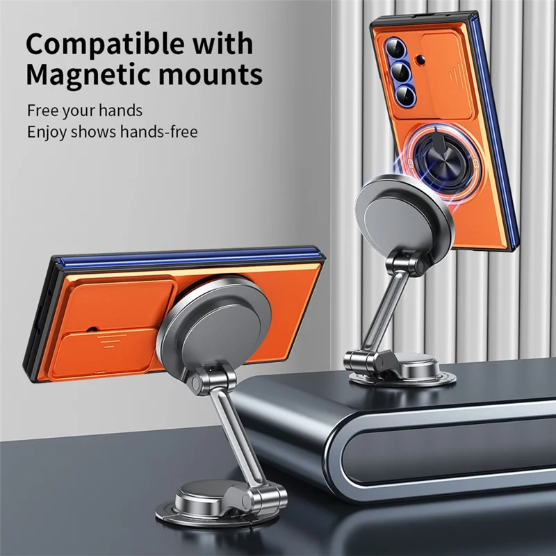 For Samsung Galaxy Z Fold7 5G Magnetic Case Ring Holder Foldable Kickstand PC Phone Cover with Camera Lens Slider - Orange