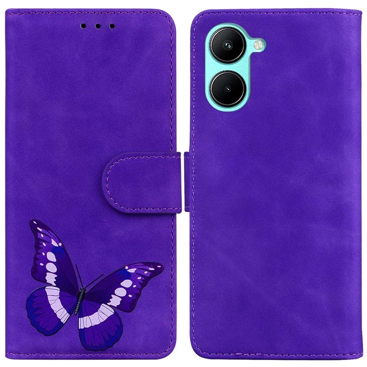 Custodia in pelle PU per Realme C33 2023 4G / C33 4G con stampa a farfalla, finitura al tatto, supporto magnetico, custodia a portafoglio - viola