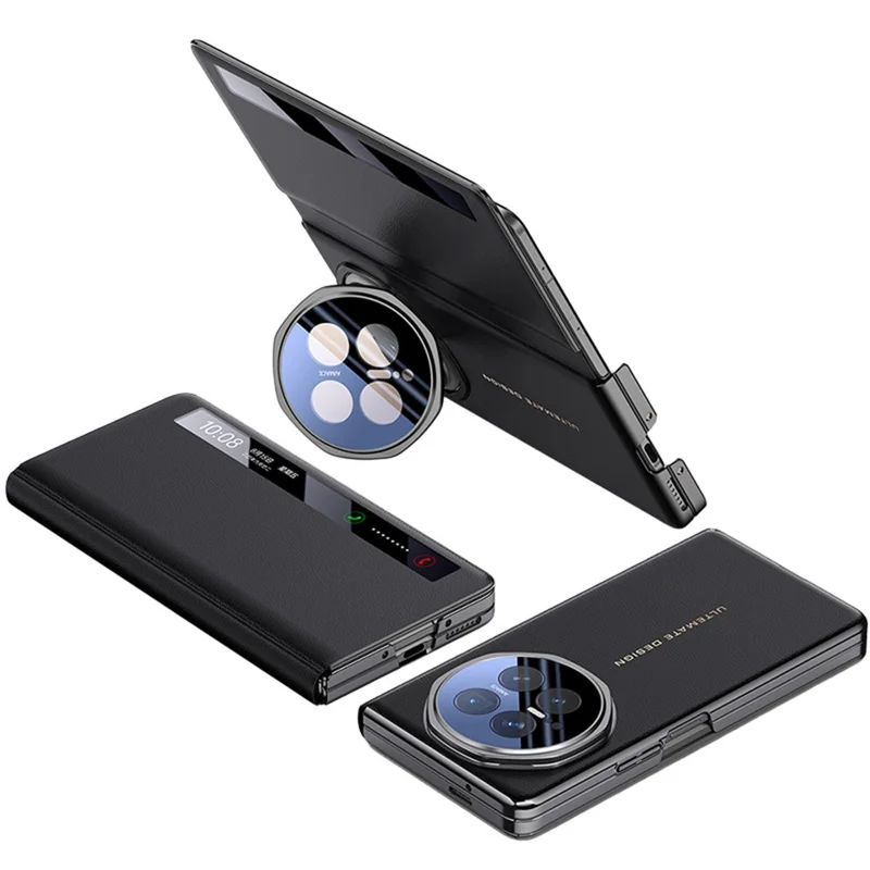 For Honor Magic V6 5G Case Smart View Window Leather Phone Cover with Metal Lens Kickstand - Black